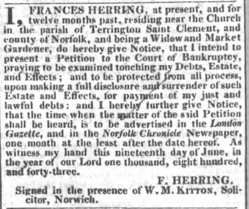Frances (Howlett) Herring's Notice is in the Norfolk Chronicle June 24, 1843