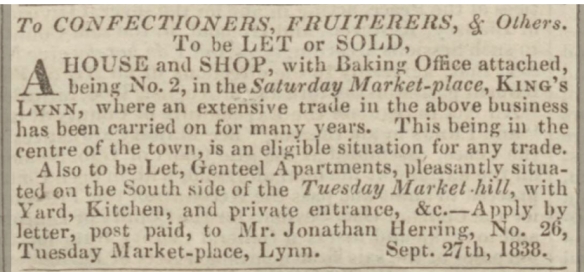 Jonathan Herring's Ad in the Lincolnshire Chronicle September 27, 1838